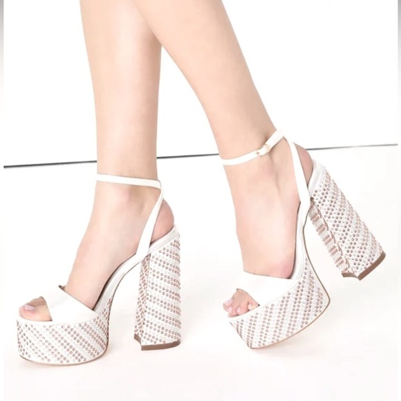 Shoes - 02 ivory satin ,white satin Rhinestone block junky heels sandal satin b…